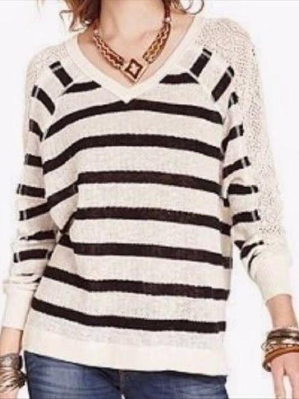 Free People Cream and Black Striped Sweater Size Medium